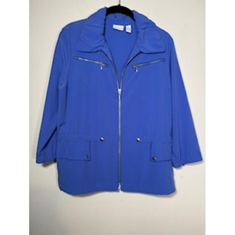 CHICOS Zenergy Jacket 1 / Med Blue Full Zip Ruffle Back Athleisure Utility Coat